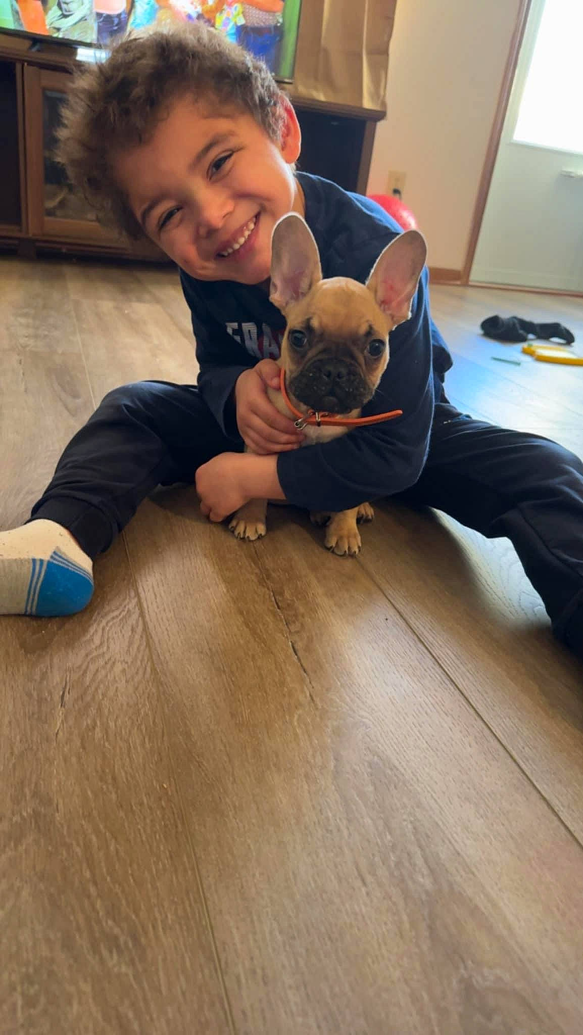 Daevion joined the competition — help win amazing prizes! baby, comfort, companion_dog, floor, flooring, foot, fun, happy, hardwood, human_leg, joint, joy, laminate_flooring, person, picture_frame, sitting, smile, t_shirt, toddler, varnish