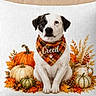 autumn, bandana, berries, cushion, decorative, dog, fall, flowers, gourd, home_decor, leaves, pillow, plaid, portrait, pumpkin, puppy, sitting, still_life, textile, thanksgiving