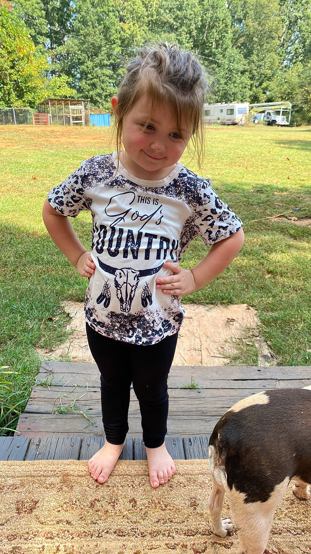 Harper joined the competition — help win amazing prizes! child, companion_dog, fun, grass, human_leg, joy, leggings, leisure, pattern, person, plant, recreation, sleeve, smile, soil, t_shirt, thigh, toddler, top, tree