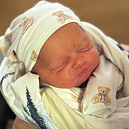Archer joined the competition — help win amazing prizes! newborn, baby, sleeping, blanket, hat, teddy_bear_pattern, cozy, wrapped, peaceful, infant, cute, soft, portrait, child, human, closeup, sleep, headwear, warm, rest