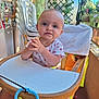 baby, chairs, child, clothing, daylight, expression, face, food, furniture, hands, head, high_chair, outdoor, plants, portrait, skin, snack, table, toddler, window