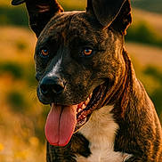 Granklin participe au concours pour gagner de l'argent avec cette photo : dog, brindle_coat, tongue_out, happy, outdoor, nature, animal, pet, closeup, portrait, grass, sunlight, ears, smiling, mammal, canine, friendly, summer, field, warm_light