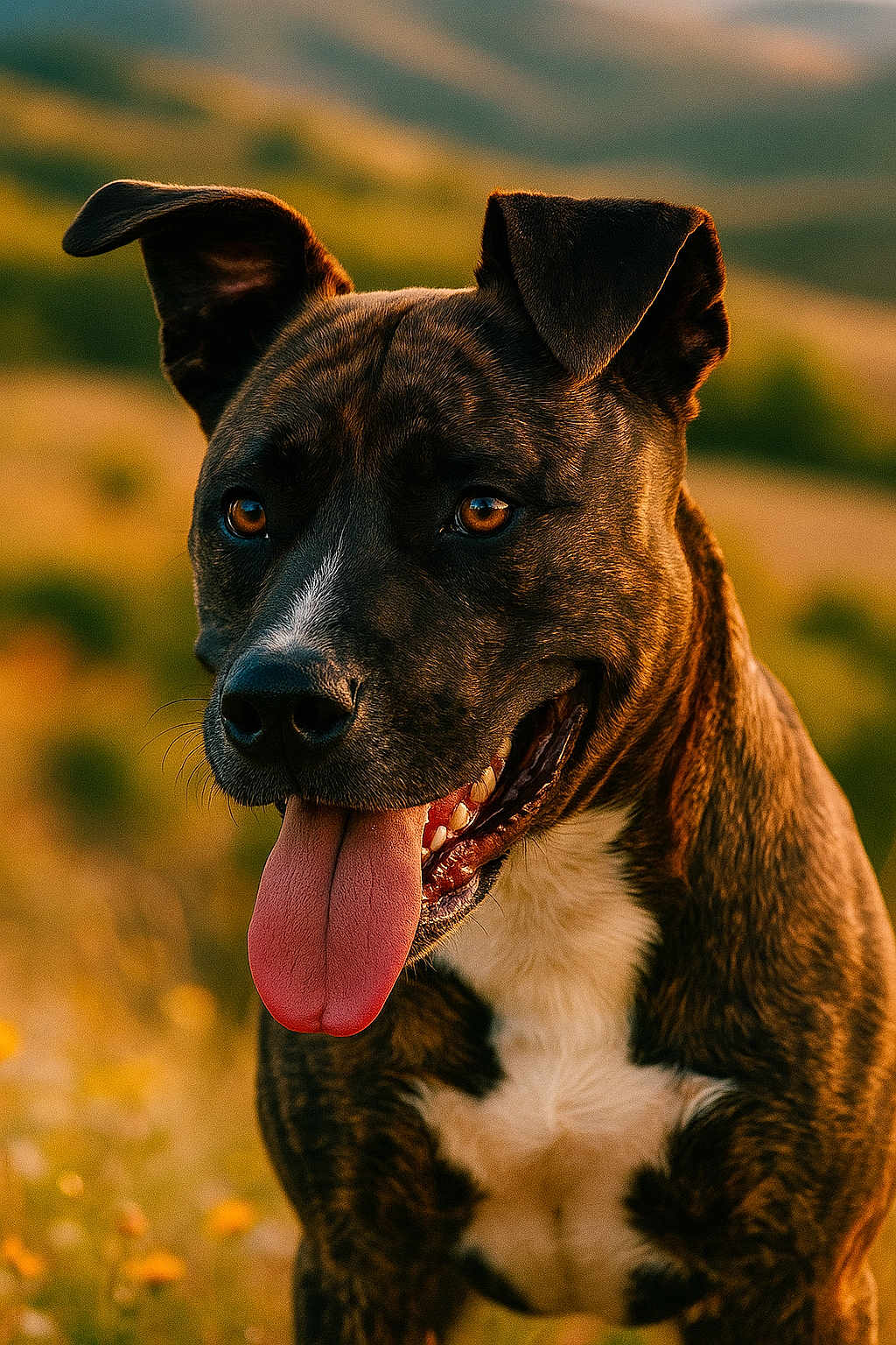 Granklin participe au concours pour gagner de l'argent avec cette photo : dog, brindle_coat, tongue_out, happy, outdoor, nature, animal, pet, closeup, portrait, grass, sunlight, ears, smiling, mammal, canine, friendly, summer, field, warm_light