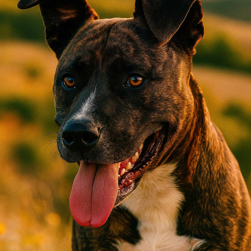 Franklin a rejoint le concours — aidez-le/la à gagner de superbes lots ! animal, brindle, brown, canine, closeup, dog, ears_up, golden_hour, grass, happy, muzzle, nature, outdoor, pet, portrait, summer, sunlight, tongue_out, white_chest, wildflowers