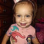 toddler, child, smiling, headband, bow, blue_eyes, pink_shirt, disney_princess, ariel, snow_white, indoors, drawer, toy, happy, person, clothing, portrait, cute, young_child, playful