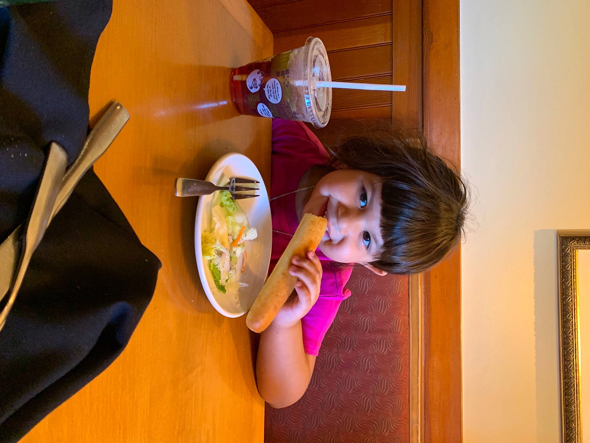 Malena joined the competition — help win amazing prizes! arm, breakfast, chair, child, comfort_food, door, food, food_craving, fun, happy, joy, magenta, person, plate, purple, room, sitting, table, tableware, toddler