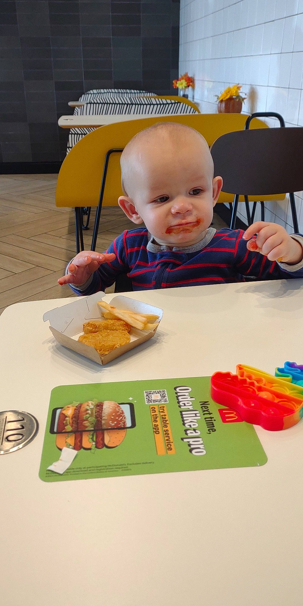 Fenyx joined the competition — help win amazing prizes! baby, chair, child, comfort_food, cuisine, dish, fast_food, finger_food, food, ingredient, junk_food, orange, person, plate, recipe, sharing, smile, table, tableware, toddler