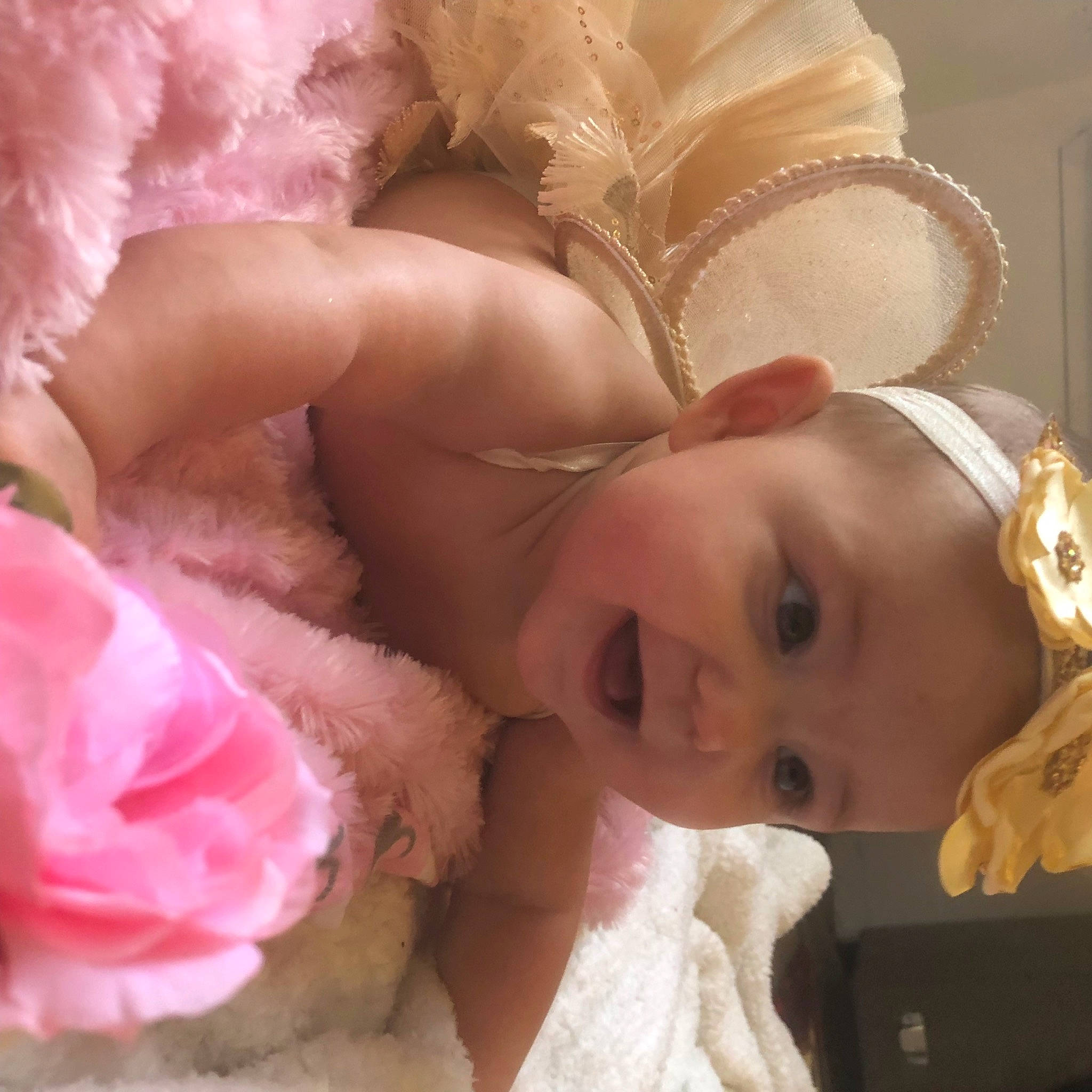 Vanessa is registered to the contest to win money with this photo: baby, baby_toddler_clothing, beauty, bridal_accessory, cheek, ear, event, eyelash, hair_accessory, happy, headband, headgear, headpiece, iris, jewellery, person, pink, skin, smile, textile