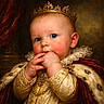 baby, child, crown, royalty, portrait, blue_eyes, hand, clothing, fur, cloak, gold, jewelry, lace, face, red_cheeks, historical, costume, indoor, expression, curious