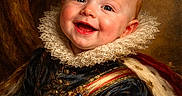 Curtis is registered to the contest to win money with this photo: baby, child, portrait, smiling, lace_collar, royal_clothing, sash, jewelry, blue_eyes, red_hair, historic_style, painting, costume, indoor, closeup, person, happy, face, cute, website_watermark