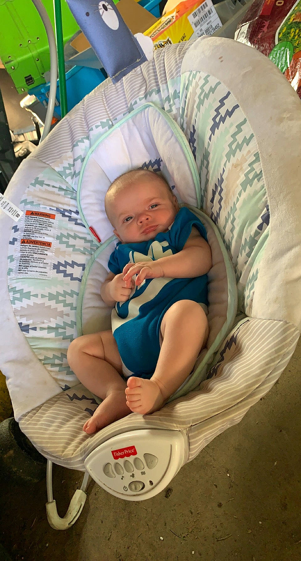 Damon is registered to the contest to win money with this photo: baby, baby_carriage, baby_toddler_clothing, chair, child, comfort, eye, finger, fun, green, hairstyle, human, human_body, leg, leisure, mouth, person, sitting, skin, thigh