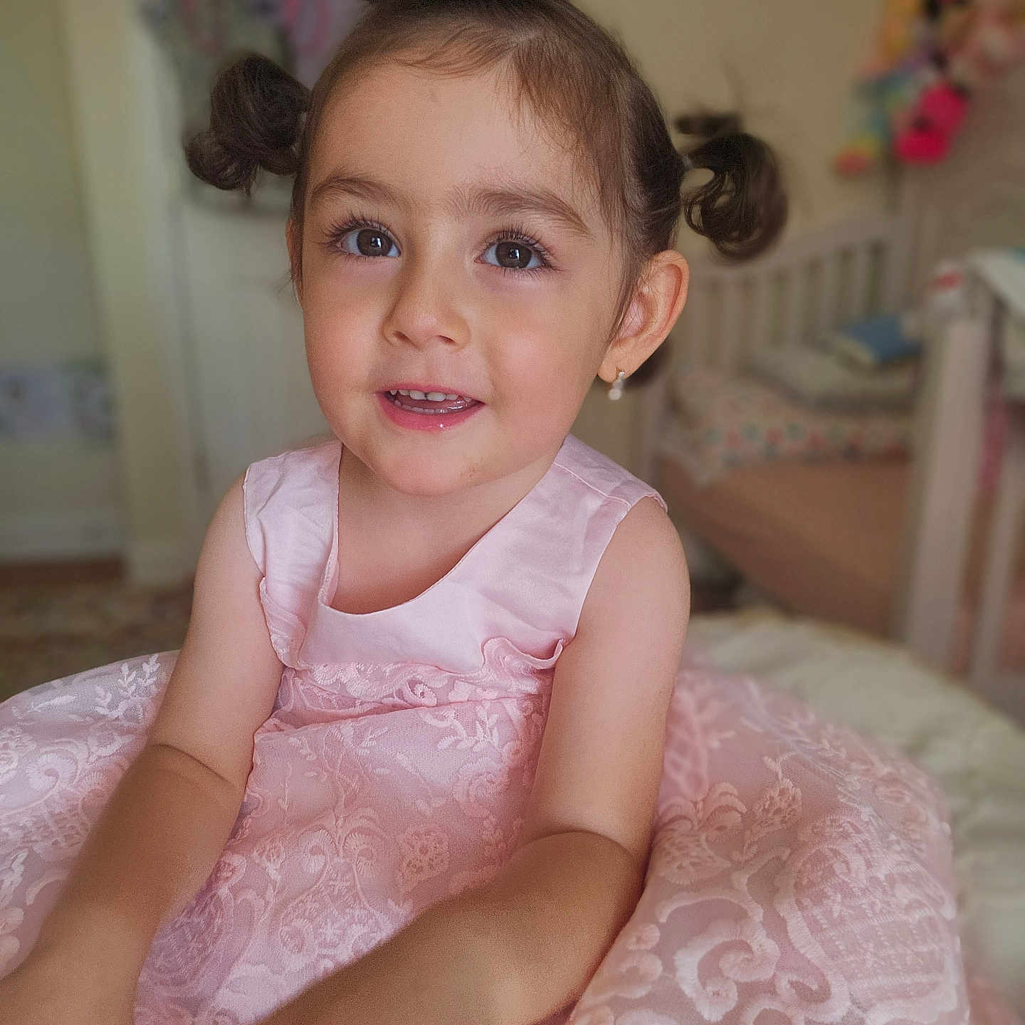 Sofiya is registered to the contest to win money with this photo: bodypart, child, clothing, crib, dress, eveningdress, face, fashion, female, finger, formalwear, furniture, girl, gown, hand, head, infantbed, person, photography, portrait