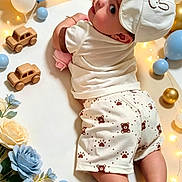 Luis Ezequiel is registered to the contest to win money with this photo: baby, infant, child, portrait, lying_down, smiling, bunny_hat, white_clothing, patterned_shorts, wooden_toys, toy_cars, balloons, fairy_lights, flowers, blue_flowers, gold_balloons, nursery, celebration, indoor, cute