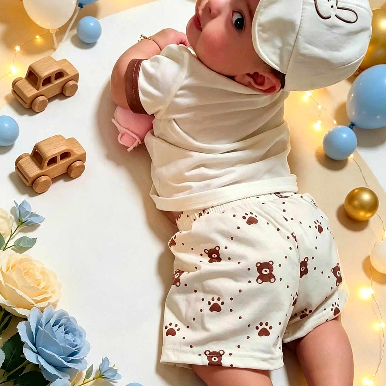Luis Ezequiel is registered to the contest to win money with this photo: baby, infant, child, portrait, lying_down, smiling, bunny_hat, white_clothing, patterned_shorts, wooden_toys, toy_cars, balloons, fairy_lights, flowers, blue_flowers, gold_balloons, nursery, celebration, indoor, cute