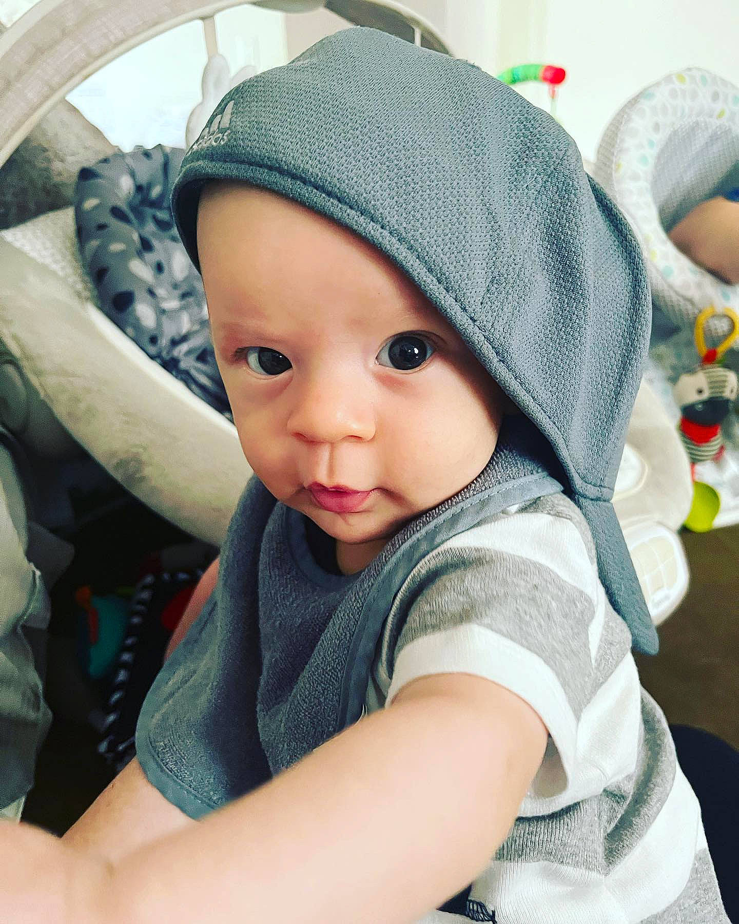 Chase joined the competition — help win amazing prizes! baby, baby_products, baby_safety, baby_toddler_clothing, beanie, cap, cheek, child, comfort, cool, fashion_accessory, happy, headwear, knit_cap, pattern, person, sitting, skin, sleeve, sun_hat
