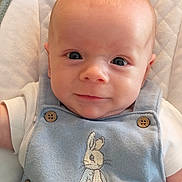 Erik is registered to the contest to win money with this photo: baby, infant, portrait, face, eyes, smile, blue_outfit, bunny_embroidery, quilted_blanket, cute, child, newborn, soft_lighting, closeup, apparel, person, young_child, head, skin, expression