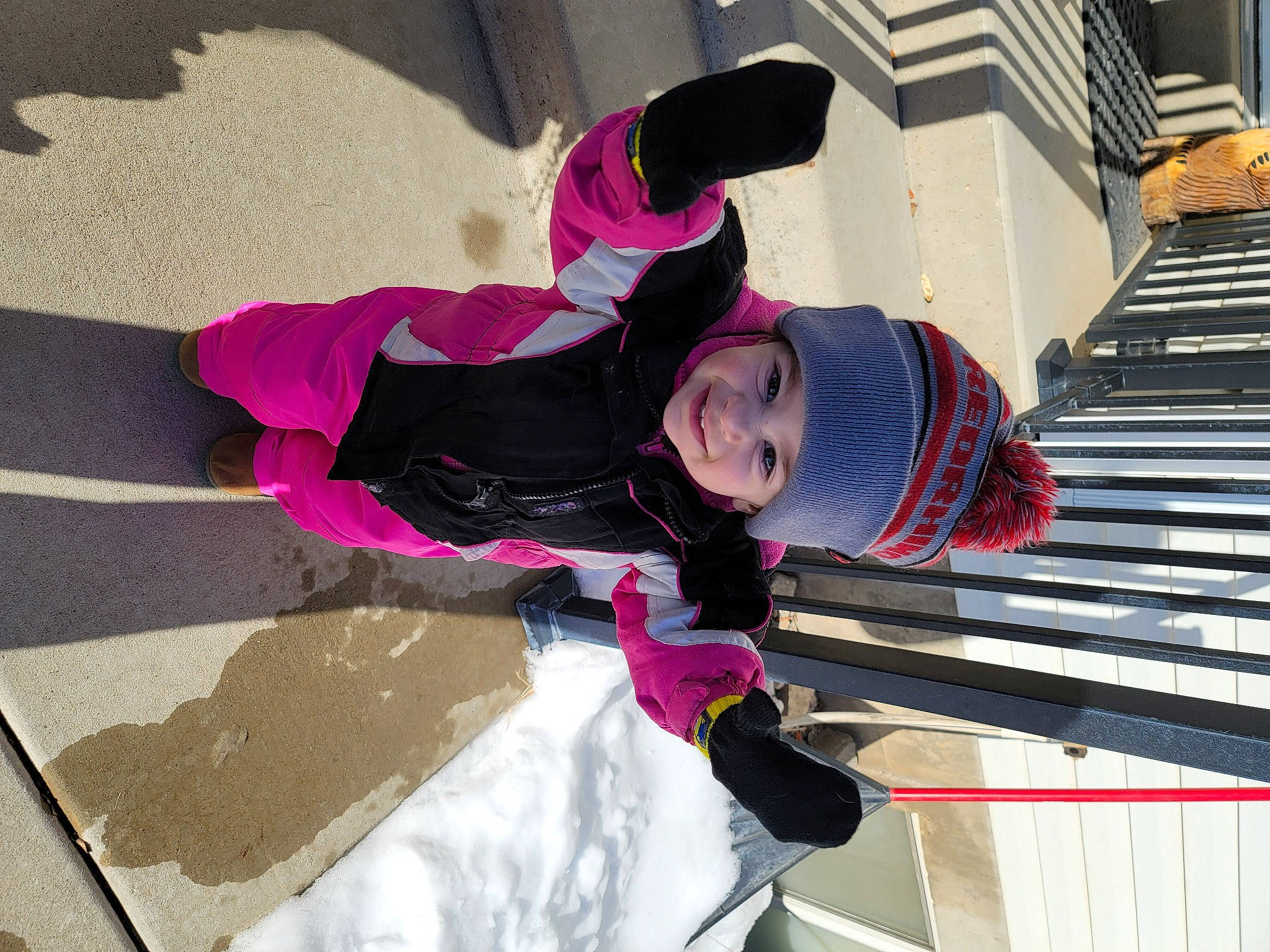 Monica is registered to the contest to win money with this photo: carmine, child, freezing, fun, headwear, jacket, joy, leisure, magenta, person, pink, purple, recreation, slope, smile, snow, toddler, tree, vacation, winter