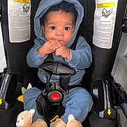 Eneko joined the competition — help win amazing prizes! baby, infant, child, car_seat, hooded_outfit, blue_clothing, sitting, portrait, face, hands, fingers, wide_eyes, looking_at_camera, plush_toys, stuffed_animals, harness, seat_belt, vehicle_interior, safety_labels, indoors