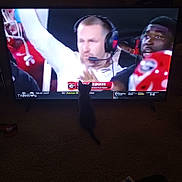 Buster joined the competition — help win amazing prizes! cat, kitten, television, sports, football, coach, people, headset, helmet, carpet, indoor, animal, watching, screen, dark, shadow, silhouette, room, interest, entertainment