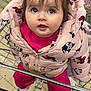 ëva participe au concours pour gagner de l'argent avec cette photo : adorable, baby, bangs, big_eyes, brown_hair, child, clothing, curious_look, eyelashes, hooded_coat, metal_basket, minnie_mouse, open_mouth, pink_jacket, seated, shopping_cart, supermarket, tile_floor, toddler, winter_clothing