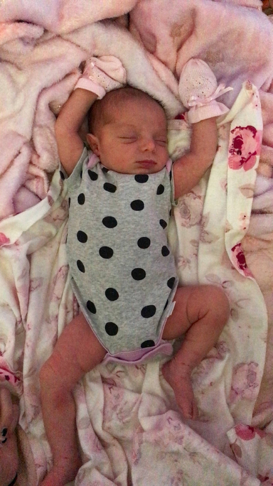 Leilah joined the competition — help win amazing prizes! arm, baby, baby_products, baby_sleeping, baby_toddler_clothing, cheek, child, comfort, finger, hand, human_body, linens, nail, pattern, person, pink, skin, sleeve, textile, thumb