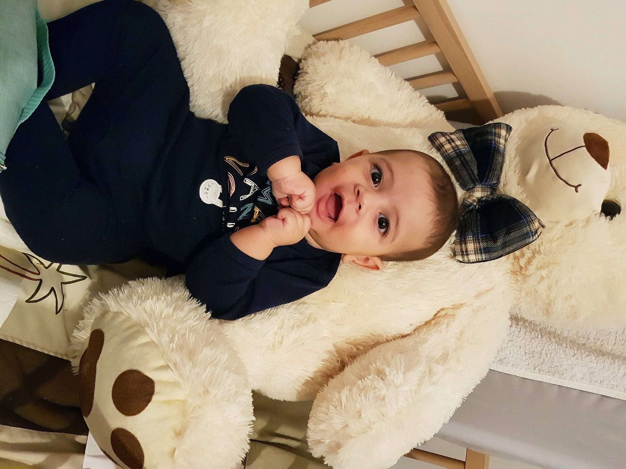 Ilyan participe au concours pour gagner de l'argent avec cette photo : baby, baby_toddler_clothing, child, comfort, couch, eye, facial_expression, fun, fur, happy, head, headgear, mammal, person, sitting, smile, stuffed_toy, toddler, vertebrate, white