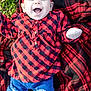 baby, infant, smiling, laughing, red_headband, checkered_shirt, plaid_blanket, jeans, ripped_jeans, boots, outdoor, grass, happy, child, person, casual_clothing, fall, cute, headwear, fashion
