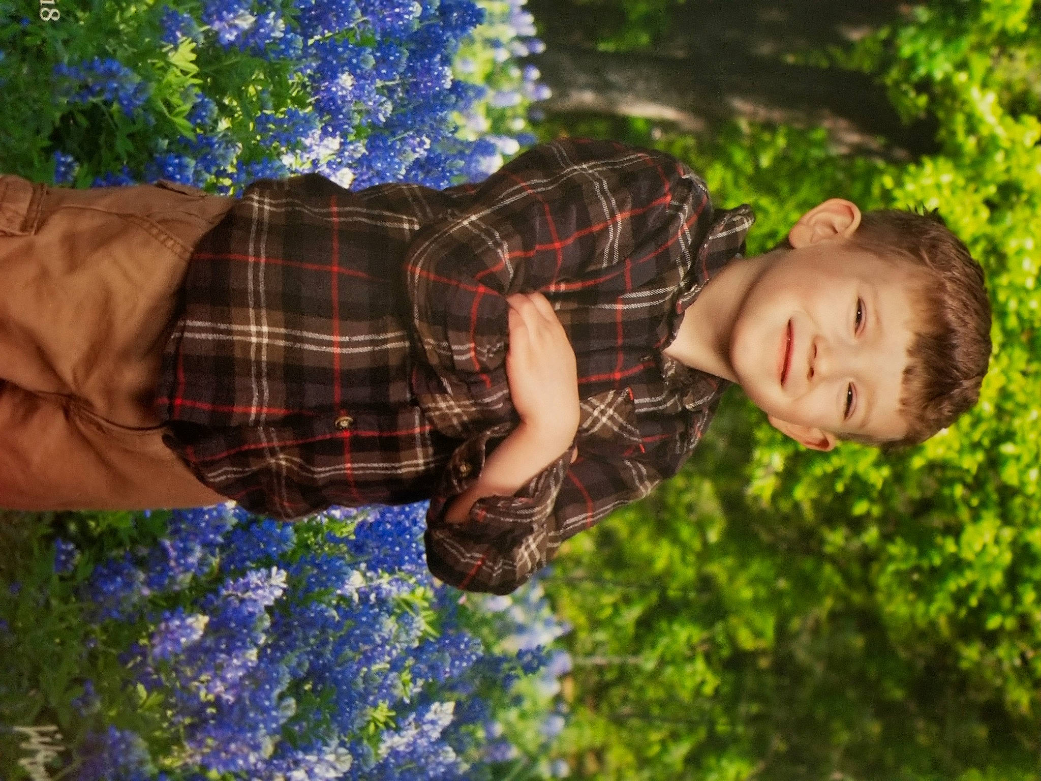 Caleb is registered to the contest to win money with this photo: blue, botany, electric_blue, flash_photography, flower, flowering_plant, grass, hand, happy, joy, light, meadow, pattern, people_in_nature, person, plaid, plant, spring, tartan, toddler