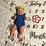 baby, baby_clothing, blue_romper, bottle, child, chubby_legs, cute, face, floral_pattern, happy, headband, indoors, infant, lying_down, milestone_blanket, months, numbers, portrait, smiling, yellow