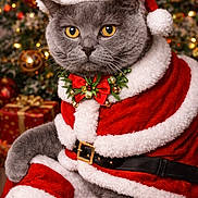 Queenie is registered to the contest to win money with this photo: animal, bell_collar, cat, christmas, christmas_lights, christmas_tree, closeup, cute, decoration, festive, gift_box, gray_cat, holiday_decor, holiday_season, indoor, pet, portrait, red_clothing, santa_costume, white_fur_trim