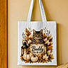 autumn, bag, bench, blanket, cat, fall, flowers, foliage, hanging, home_decor, interior, lantern, printed_design, pumpkins, rustic, still_life, tabby_cat, tote_bag, wall, wood