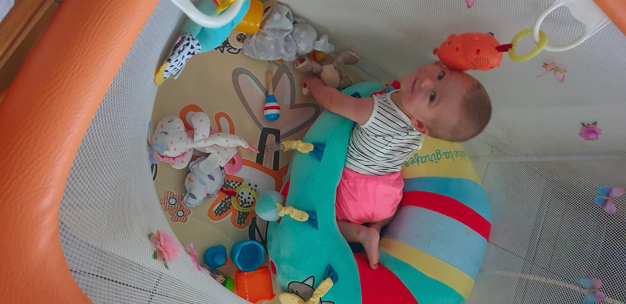 Alix. a rejoint le concours — aidez-le/la à gagner de superbes lots ! baby, baby_products, baby_toddler_clothing, baby_toys, bed, child, comfort, fun, linens, magenta, pattern, person, pink, play, room, stuffed_toy, t_shirt, textile, toddler, toy