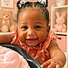 Zo'Lani is registered to the contest to win money with this photo: baby, girl, smiling, cute, indoor, nursery, pink, plush_toy, teddy_bear, bunny_toy, blanket, heart_shape, child, happy, portrait, furniture, decor, person, cute_hair, ruffled_dress