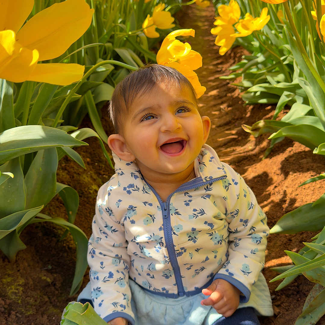 Krishvi is registered to the contest to win money with this photo: baby, clothing, daffodil, face, flower, happy, head, jeans, knitwear, leaf, pants, person, petal, photography, plant, portrait, smile, soil, sweater, tulip