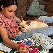 Frankie joined the competition — help win amazing prizes! girl, dog, french_bulldog, couch, coloring_book, marker, art, child, relaxing, indoor, casual_clothing, jeans, pink_shirt, drawing, resting, pet, lap, pillow, home, cozy