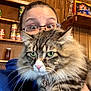 cat, person, glasses, indoor, wood_paneling, shelf, canned_goods, green_eyes, fluffy, pet, holding, close_up, face, fur, whiskers, collar, home, expression, portrait, casual