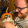 Louie The Munchkin is registered to the contest to win money with this photo: beard, casual_clothing, cat, closeup, costume, cozy, cute, face, fall, fluffy_cat, funny, glasses, happy, holding, indoor, person, pet, pumpkin_hat, smiling, wooden_wall