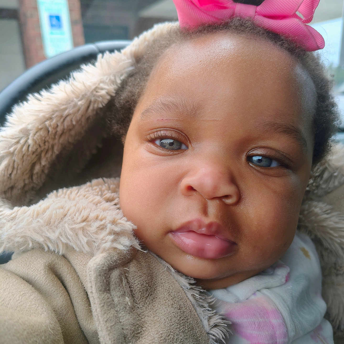 Samaya is registered to the contest to win money with this photo: baby, child, face, pink_bow, curly_hair, fuzzy_coat, warm_clothing, close_up, portrait, outdoor, expression, cute, infant, person, young_child, winter_wear, soft_texture, headwear, big_eyes, plump_lips