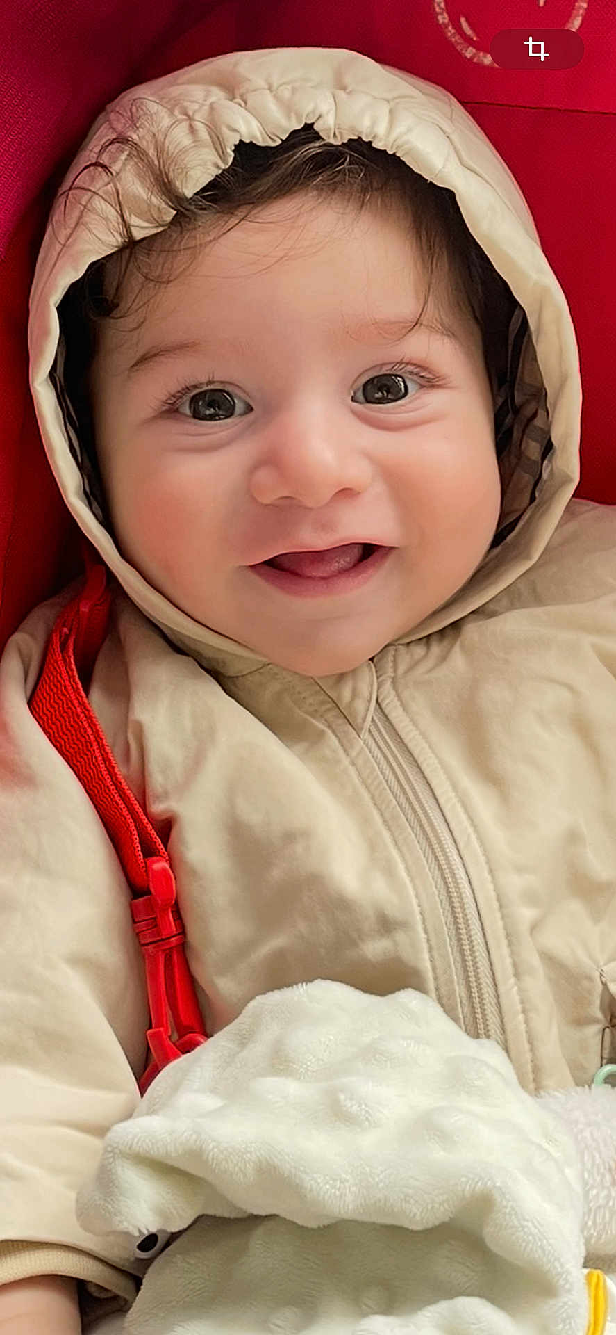 Ilyas is registered to the contest to win money with this photo: baby, child, smile, hood, jacket, blanket, face, eyes, cute, infant, warm_clothing, red_background, soft_texture, portrait, closeup, happy, cozy, young_child, person, indoor