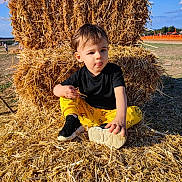 Tiago participe au concours pour gagner de l'argent avec cette photo : black_shirt, blue_sky, casual_clothing, child, daylight, field, grass, hay, nature, outdoor, person, playful, rural, shoe, sitting, straw, sunny, toddler, yellow_pants, young_child