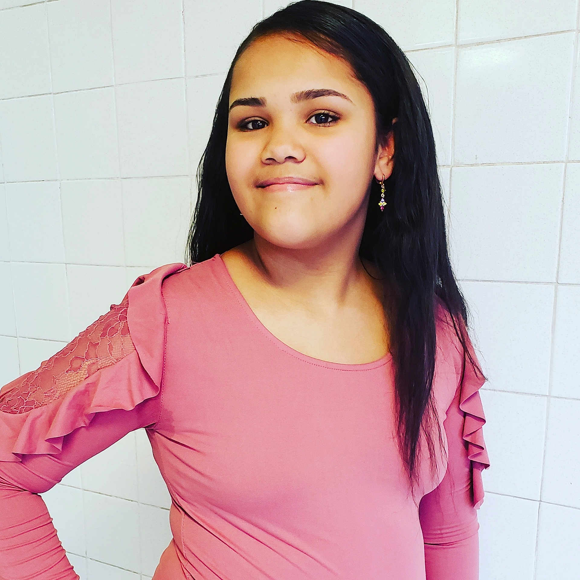 Annette Leticia is registered to the contest to win money with this photo: beauty, black_hair, cheek, chin, eyebrow, face, forehead, hair, hairstyle, joy, lady, lip, long_hair, material_property, neck, person, photo_shoot, photography, pink, shoulder