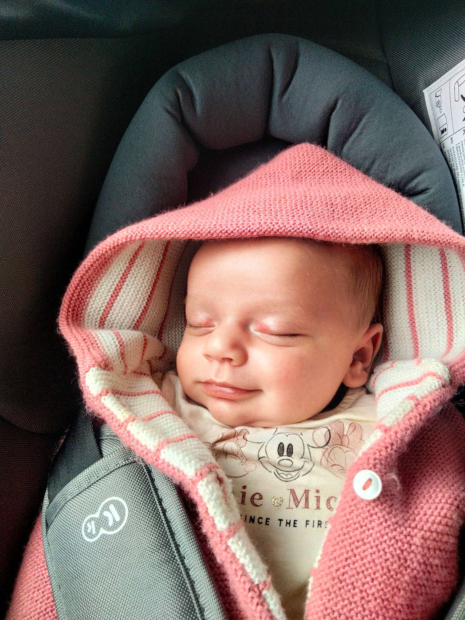 Aya participe au concours pour gagner de l'argent avec cette photo : baby, baby_carriage, baby_in_car_seat, baby_products, baby_safety, baby_sleeping, baby_toddler_clothing, car_seat, carmine, cheek, child, comfort, fashion_accessory, head_restraint, headgear, linens, lip, person, pink, sitting