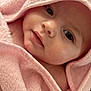 baby, pink, towel, hood, face, eyes, skin, closeup, infant, soft, blanket, cute, child, portrait, wrapped, expression, newborn, warm, cozy, smile