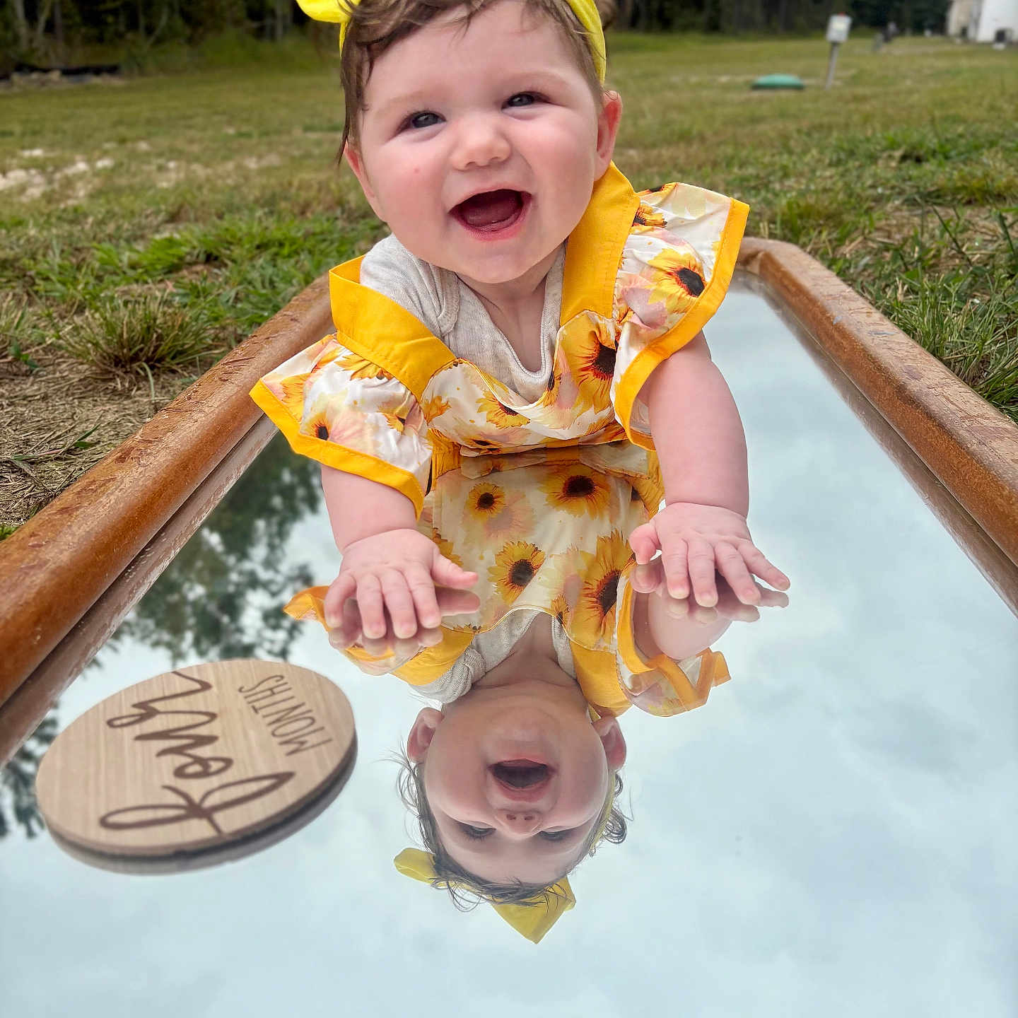 Renley joined the competition — help win amazing prizes! baby, bright_colors, child, cute, forest, grass, happy, infant, milestone, mirror, nature, outdoor, person, playful, portrait, reflection, smiling, sunflower_dress, wooden_plaque, yellow_headband