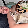 Horchata joined the competition — help win amazing prizes! bed, black_pillow, blanket, brown_fur, cat, child, closed_eyes, cozy, cuddling, face, green_blanket, human, indoors, kitten, nap, pet, pillow, portrait, relaxed, sleeping