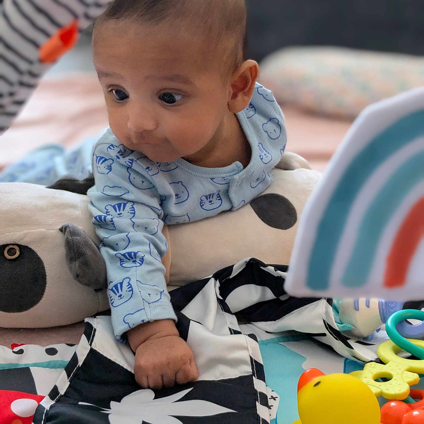 Noah is registered to the contest to win money with this photo: animal_prints, baby, black_and_white, child, colorful, curious, cute, expression, face, hand, indoor, infant, onesie, pillow, play_mat, playtime, rubber_duck, soft_toys, striped, toy