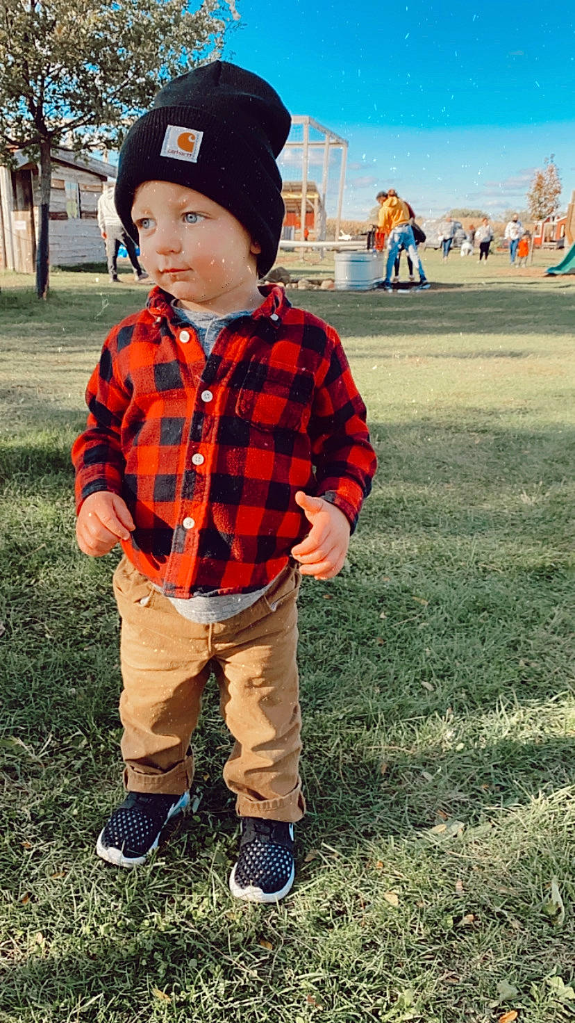 Anden joined the competition — help win amazing prizes! baby, baby_toddler_clothing, beanie, bonnet, child, child_model, cool, footwear, headgear, headwear, nose, pattern, person, plaid, play, shoe, sleeve, sneakers, tartan, toddler