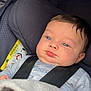 baby, infant, car_seat, blanket, child, straps, seat, face, blue_eyes, clothing, cute, indoors, head, hand, soft, pout, young_child, safety, comfort, closeup