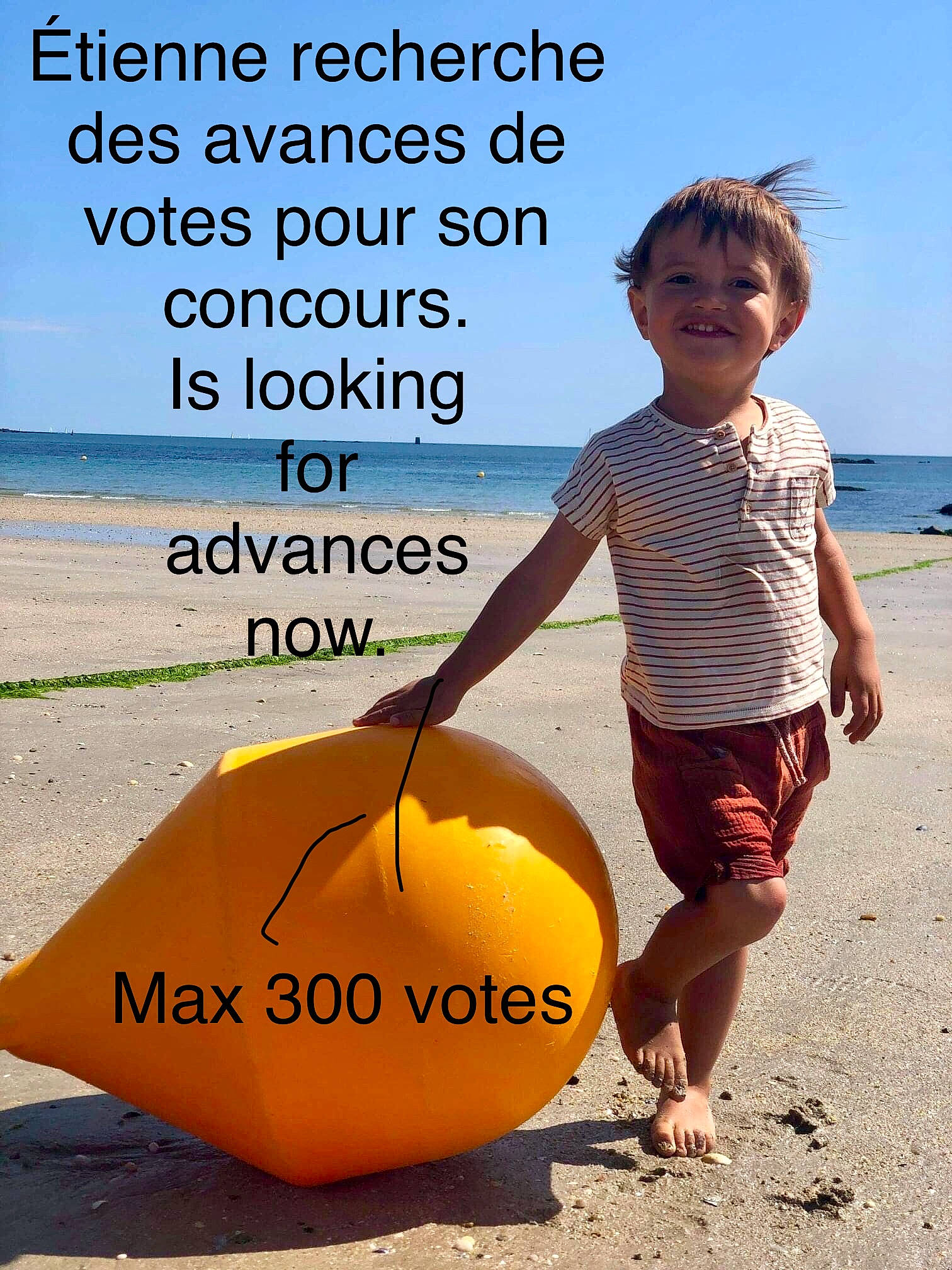 Etienne participe au concours pour gagner de l'argent avec cette photo : beach, font, fun, happy, horizon, joy, landscape, leisure, morning, people_in_nature, people_on_beach, person, recreation, sand, shore, shorts, sky, smile, t_shirt, toddler