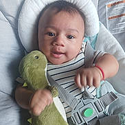 Julian is registered to the contest to win money with this photo: baby, infant, child, plush_toy, dinosaur_toy, car_seat, safety_harness, striped_shirt, smiling, happy, cute, indoors, cushion, headrest, face, person, young_child, red_bracelet, soft_toy, closeup